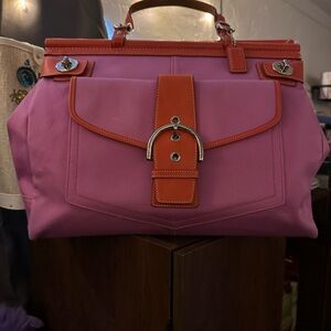 Coach Hampton Double Turn Lock Satchel in Pink and Red